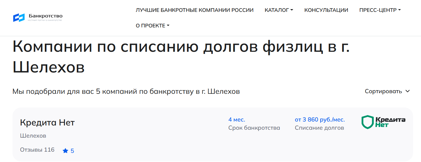 КредитаНет – первые в рейтинге компаний по банкротству в Шелехове на сайте Банкротство Инфо